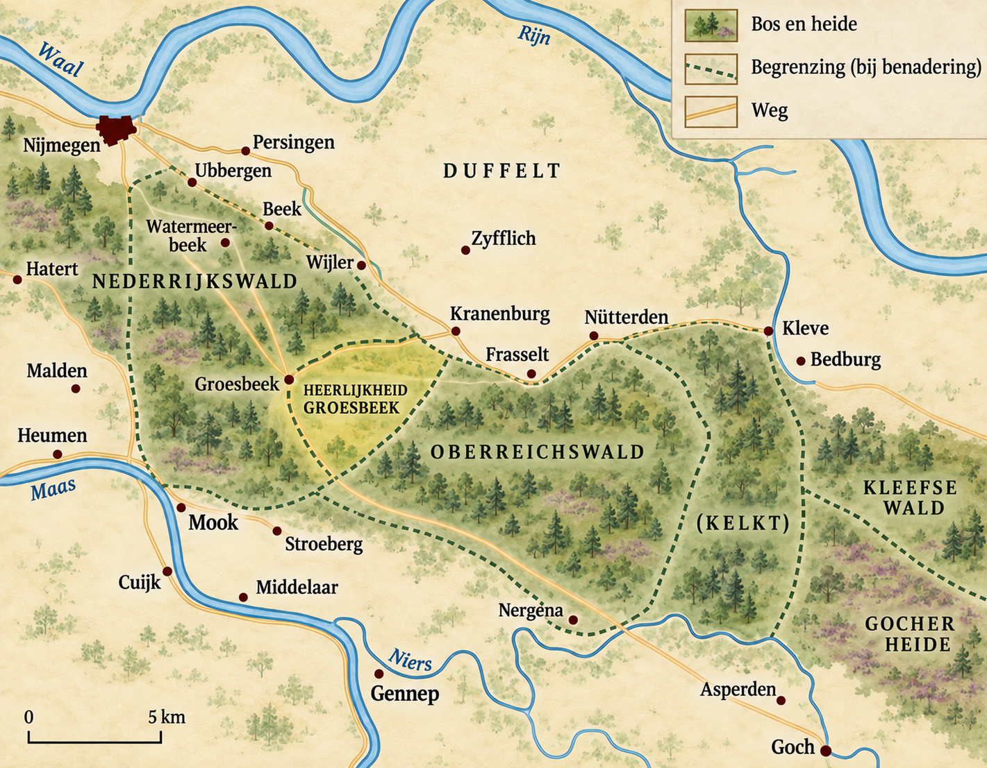 Kaart van de heerlijkheid Groesbeek in het Ketelwoud met Nederrijkswald, Oberreichswald, wegen, rivieren en omliggende plaatsen
