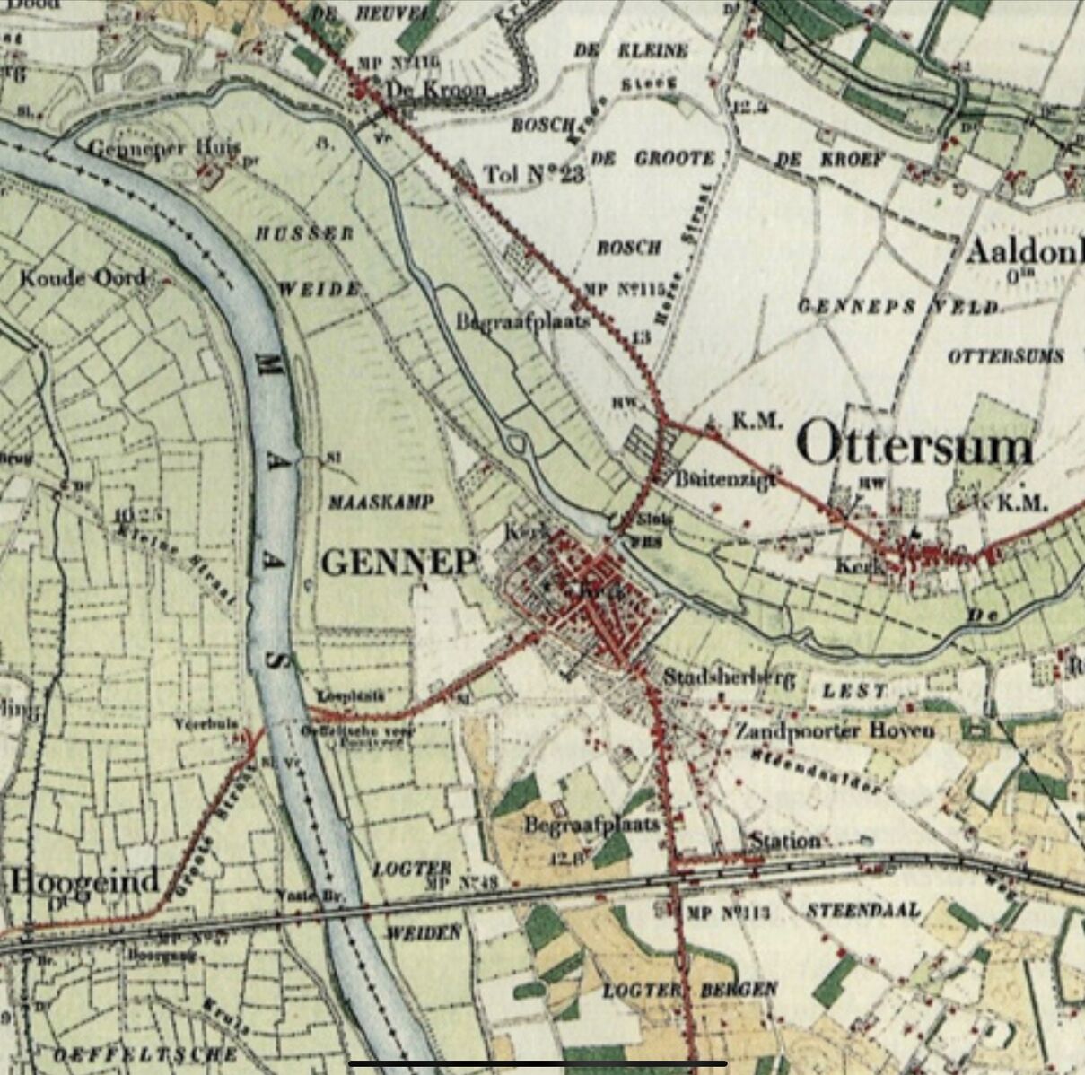 Kaart van Gennep na de aanleg van de Rijksweg en het spoor. Kaart uit 1890
