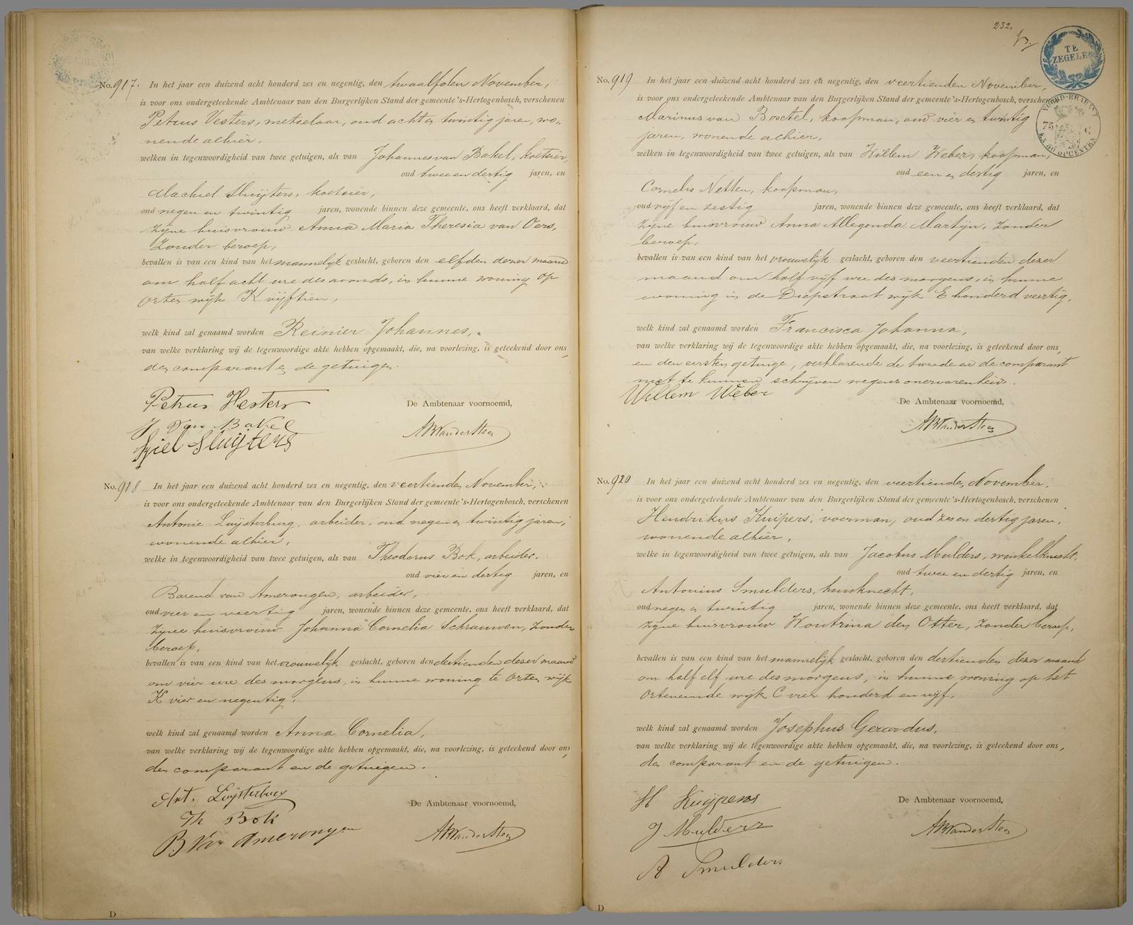 Afbeelding van de akte van geboorte Renier Johannes Vesters 1896