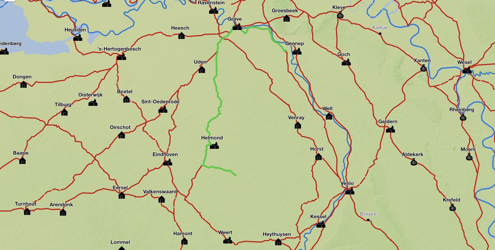 Kaart van route van Asten naar Oeffelt